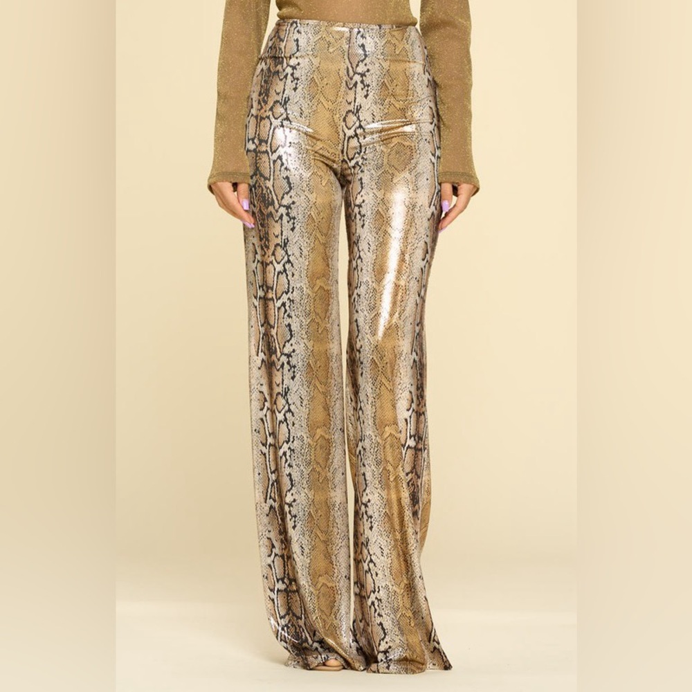 Snake Print Wide-Leg Pants in Tan